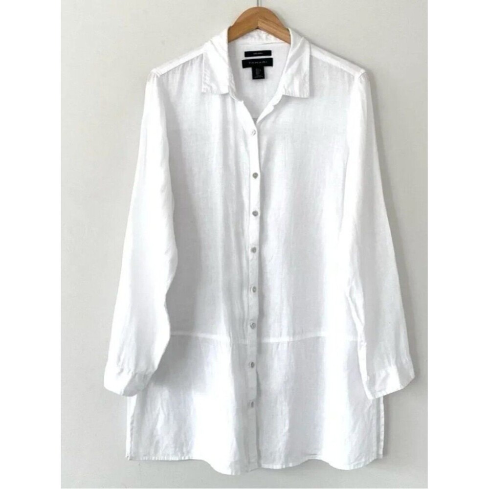 Tahari Natural White Linen Long Sleeve Shirt Mini Tunic Dress L Beach Vacation